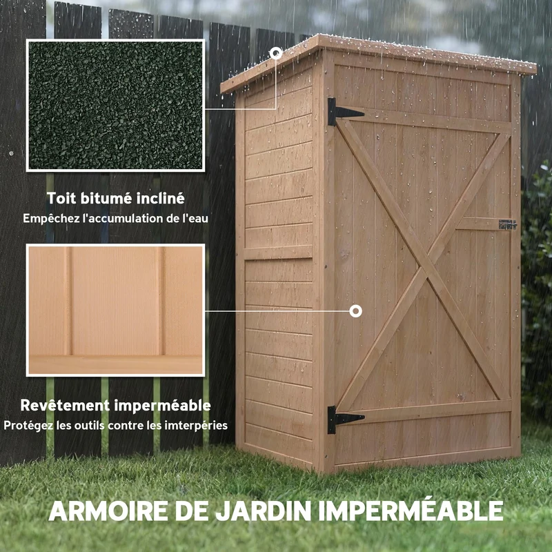 Armoire de jardin compacte 75 x 56 x 115 cm porte verrouillable double étagère style rustique terrasse en bois naturel 21_0004134