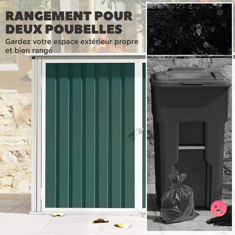 Abri poubelle extérieur double porte pour 2 poubelles 179.5 x 108 x 129.5 cm ouverture assistée moderne en acier vert 21_004189