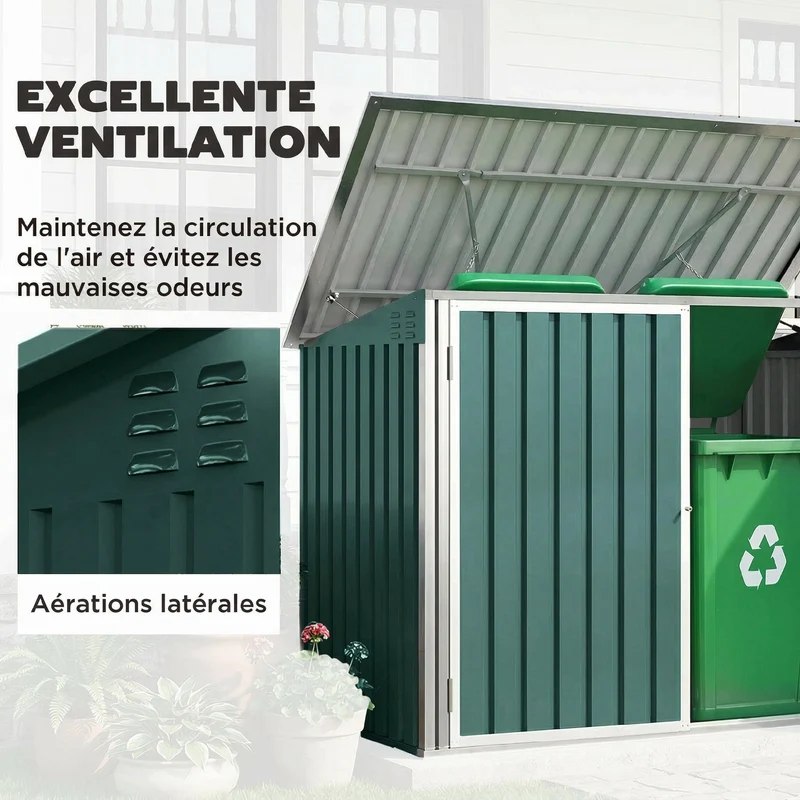 Abri poubelle extérieur double porte pour 2 poubelles 179.5 x 108 x 129.5 cm ouverture assistée moderne en acier vert 21_004189
