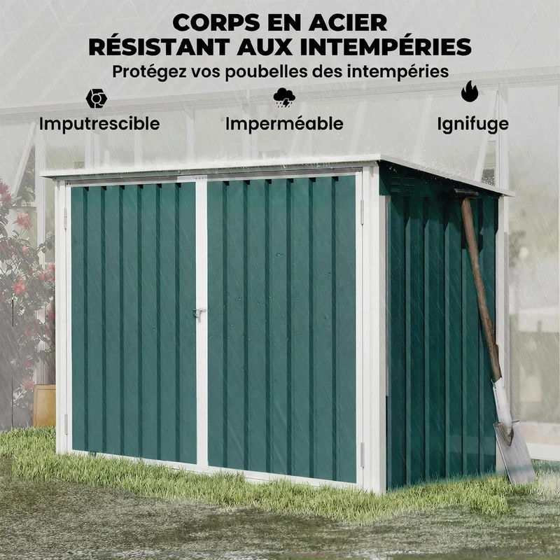 Abri poubelle extérieur double porte pour 2 poubelles 179.5 x 108 x 129.5 cm ouverture assistée moderne en acier vert 21_004189