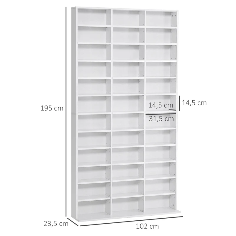 Étagère de rangement pour cd et dvd 102 x 24 x 195 cm 36 compartiments réglables style contemporain salon en MDF blanc 21_0002381