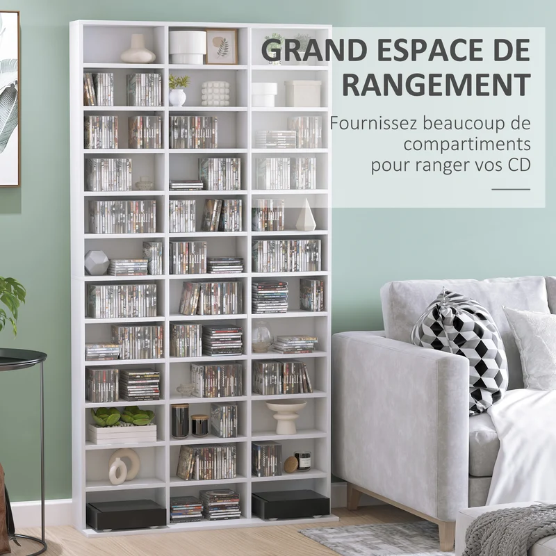 Étagère de rangement pour cd et dvd 102 x 24 x 195 cm 36 compartiments réglables style contemporain salon en MDF blanc 21_0002381