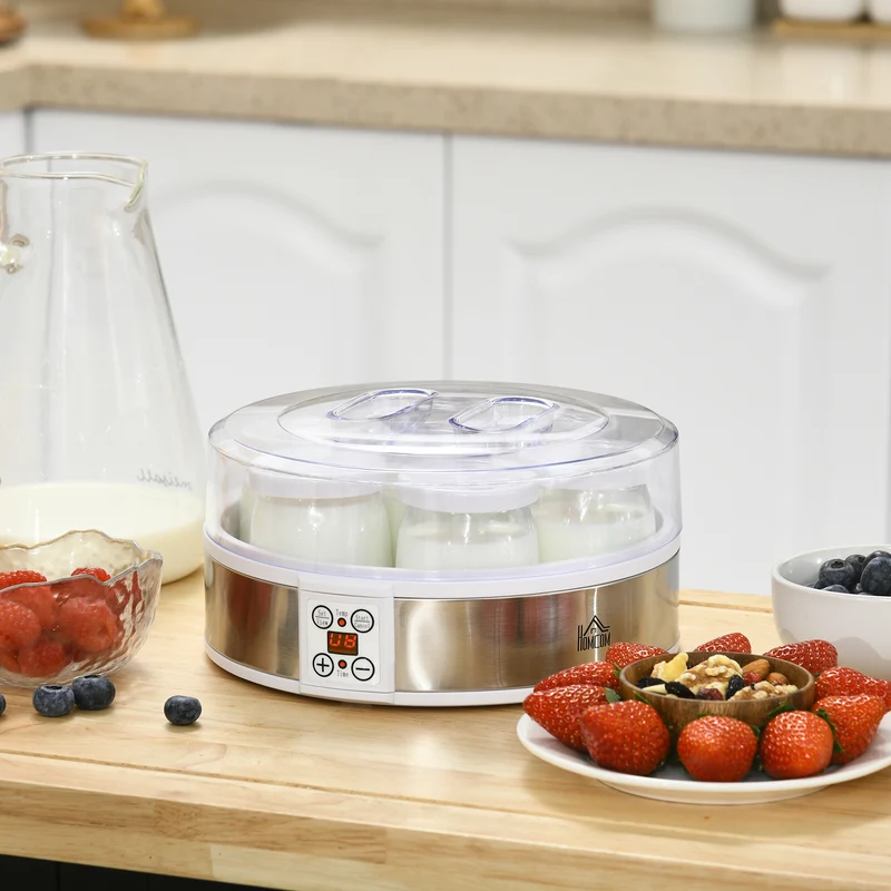 Yaourtière électrique 7 pots 24 x 24 x 13 cm thermostat réglable et minuterie 48 h moderne en acier inoxydable blanc 21_0000943