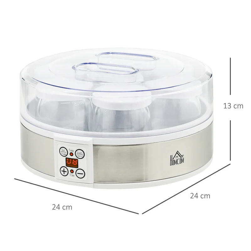 Yaourtière électrique 7 pots 24 x 24 x 13 cm thermostat réglable et minuterie 48 h moderne en acier inoxydable blanc 21_0000943