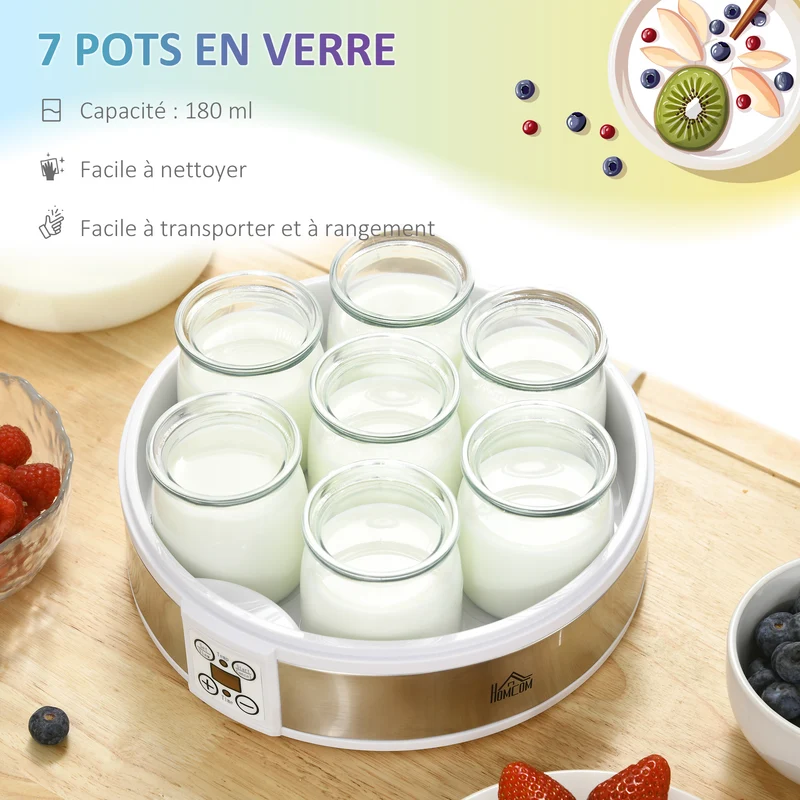 Yaourtière électrique 7 pots 24 x 24 x 13 cm thermostat réglable et minuterie 48 h moderne en acier inoxydable blanc 21_0000943