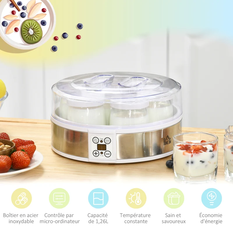 Yaourtière électrique 7 pots 24 x 24 x 13 cm thermostat réglable et minuterie 48 h moderne en acier inoxydable blanc 21_0000943