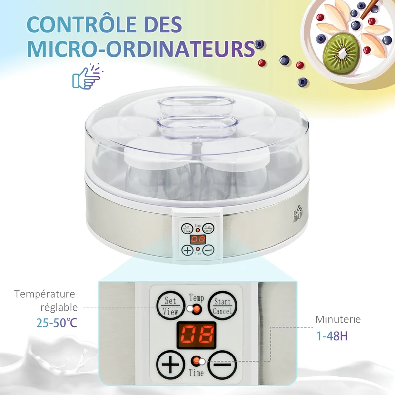 Yaourtière électrique 7 pots 24 x 24 x 13 cm thermostat réglable et minuterie 48 h moderne en acier inoxydable blanc 21_0000943