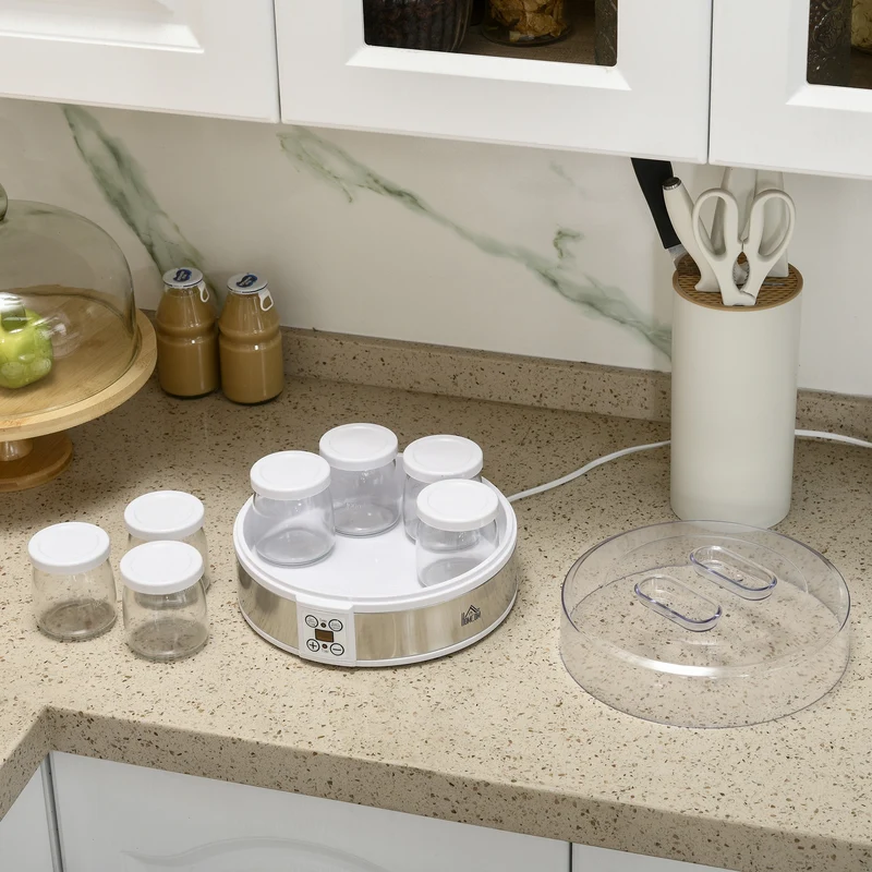Yaourtière électrique 7 pots 24 x 24 x 13 cm thermostat réglable et minuterie 48 h moderne en acier inoxydable blanc 21_0000943