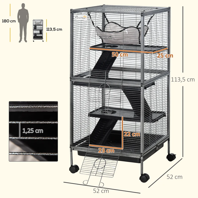 Cage pour petits animaux 4 niveaux 52 x 52 x 114 cm bac amovible nettoyage facile avec hamac moderne épuré en métal gris 21_0007902