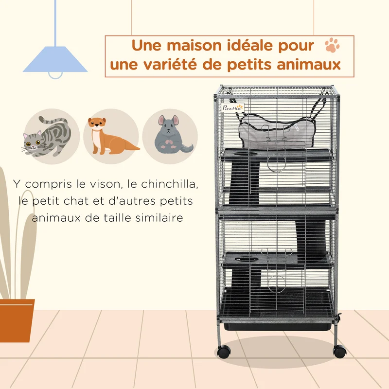 Cage pour petits animaux 4 niveaux 52 x 52 x 114 cm bac amovible nettoyage facile avec hamac moderne épuré en métal gris 21_0007902
