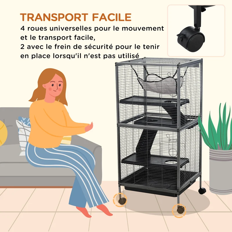 Cage pour petits animaux 4 niveaux 52 x 52 x 114 cm bac amovible nettoyage facile avec hamac moderne épuré en métal gris 21_0007902