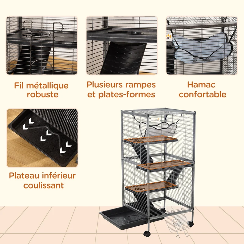 Cage pour petits animaux 4 niveaux 52 x 52 x 114 cm bac amovible nettoyage facile avec hamac moderne épuré en métal gris 21_0007902