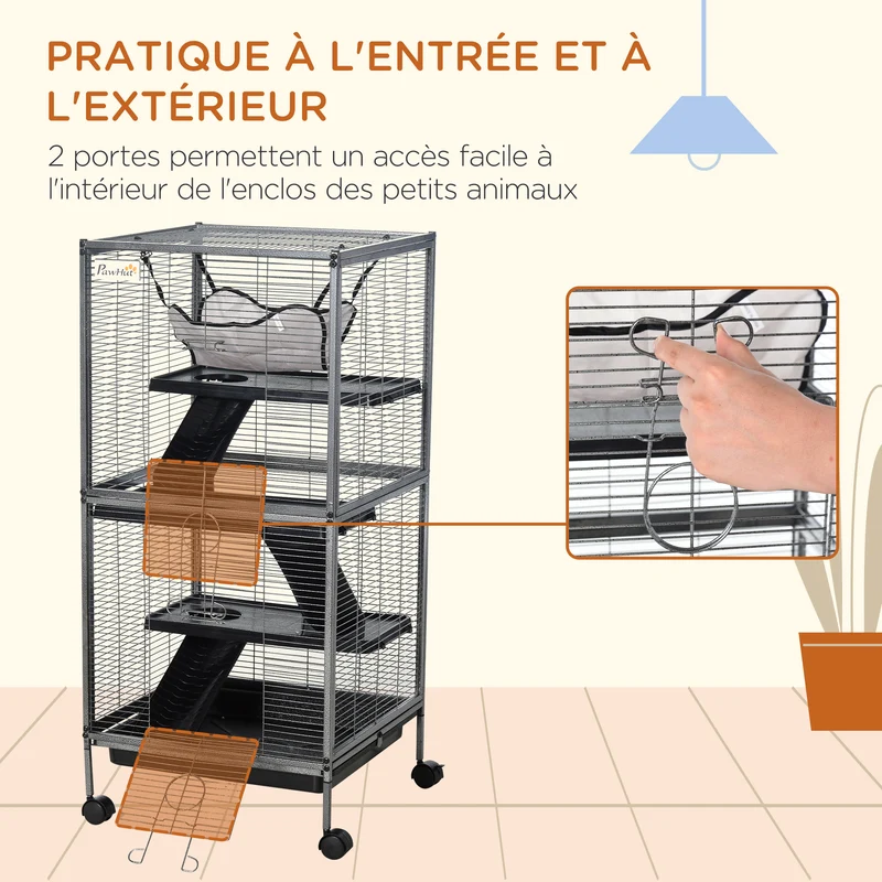 Cage pour petits animaux 4 niveaux 52 x 52 x 114 cm bac amovible nettoyage facile avec hamac moderne épuré en métal gris 21_0007902