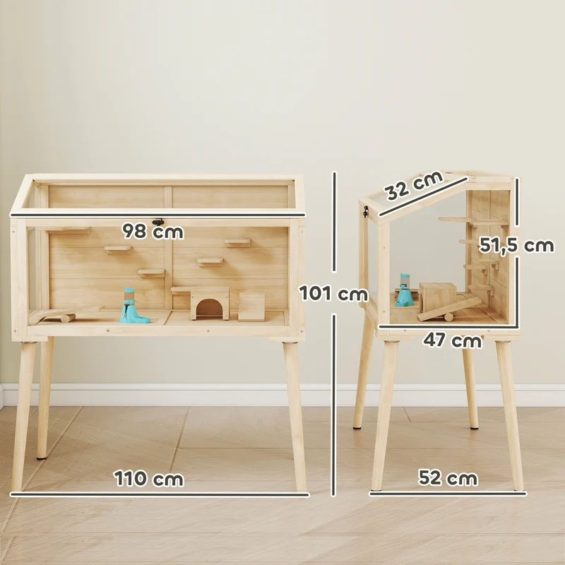 Cage pour hamster habitat ludique 110 x 52 x 101 cm avec 7 plateaux et 2 balançoires design scandinave en bois naturel 21_0008012