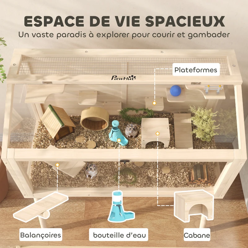 Cage pour hamster habitat ludique 110 x 52 x 101 cm avec 7 plateaux et 2 balançoires design scandinave en bois naturel 21_0008012
