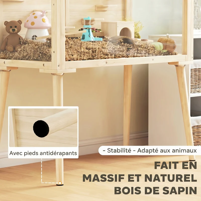 Cage pour hamster habitat ludique 110 x 52 x 101 cm avec 7 plateaux et 2 balançoires design scandinave en bois naturel 21_0008012