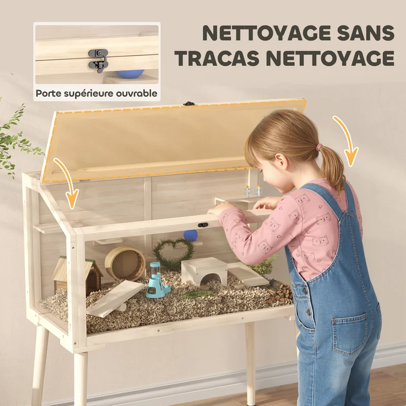 Cage pour hamster habitat ludique 110 x 52 x 101 cm avec 7 plateaux et 2 balançoires design scandinave en bois naturel 21_0008012