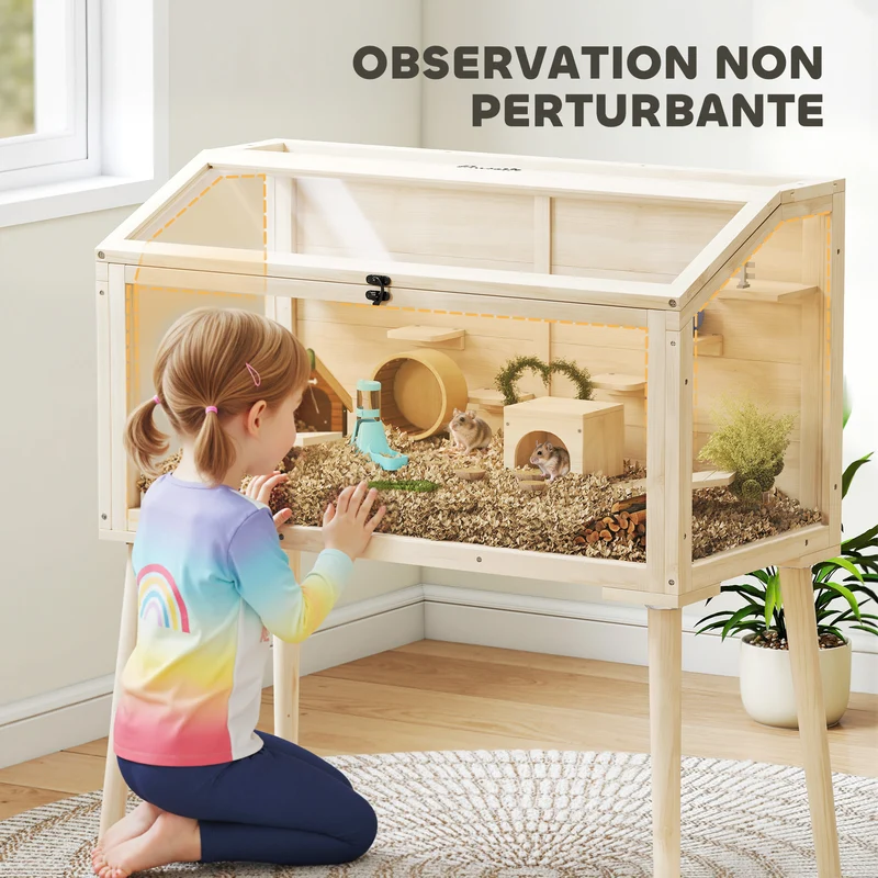 Cage pour hamster habitat ludique 110 x 52 x 101 cm avec 7 plateaux et 2 balançoires design scandinave en bois naturel 21_0008012