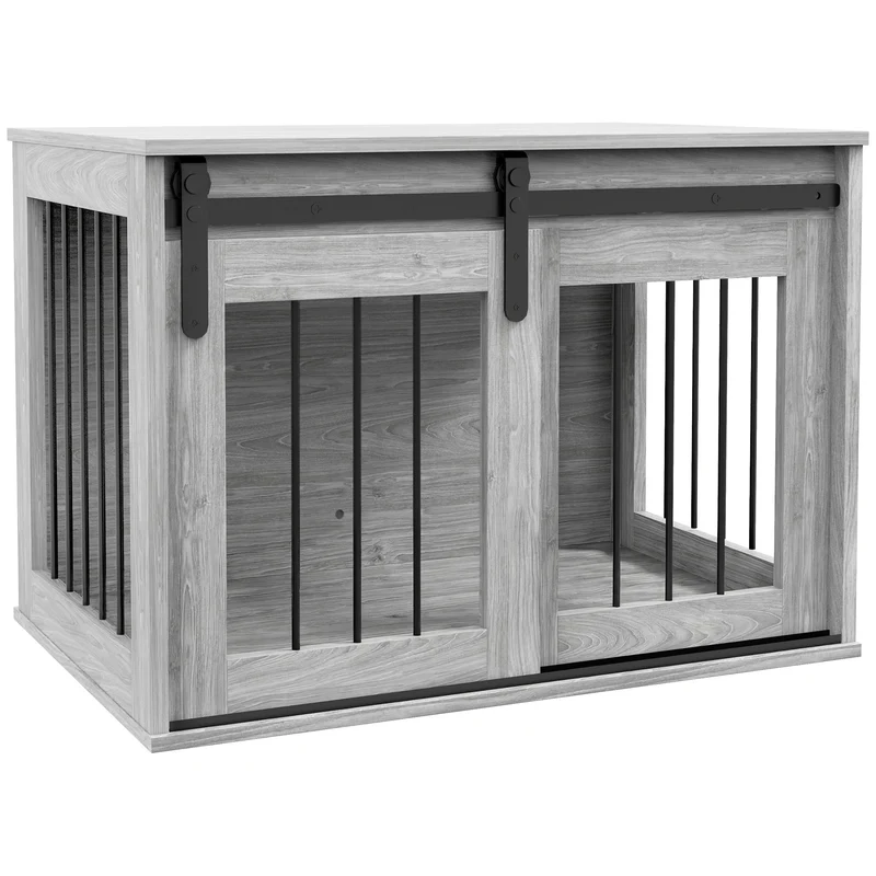 Cage pour chien intérieur porte coulissante 57 x 80 x 54 cm double usage table scandinave minimaliste en acier gris 21_0007303