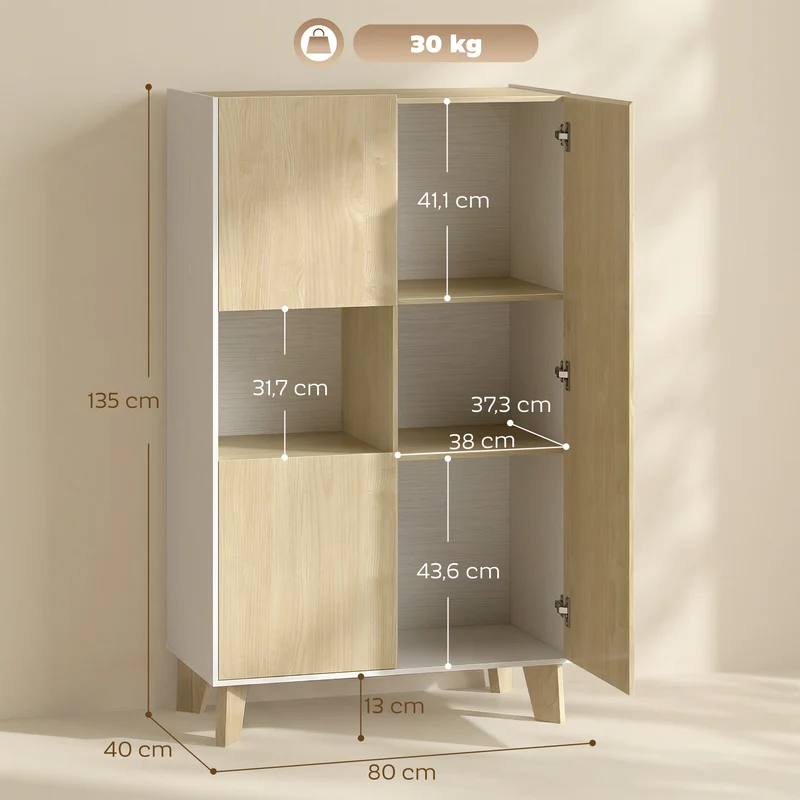 Buffet salon 80 x 40 x 135 cm 6 compartiments fermeture douce polyvalent entrée utile style moderne épuré en MDF blanc 21_0003660