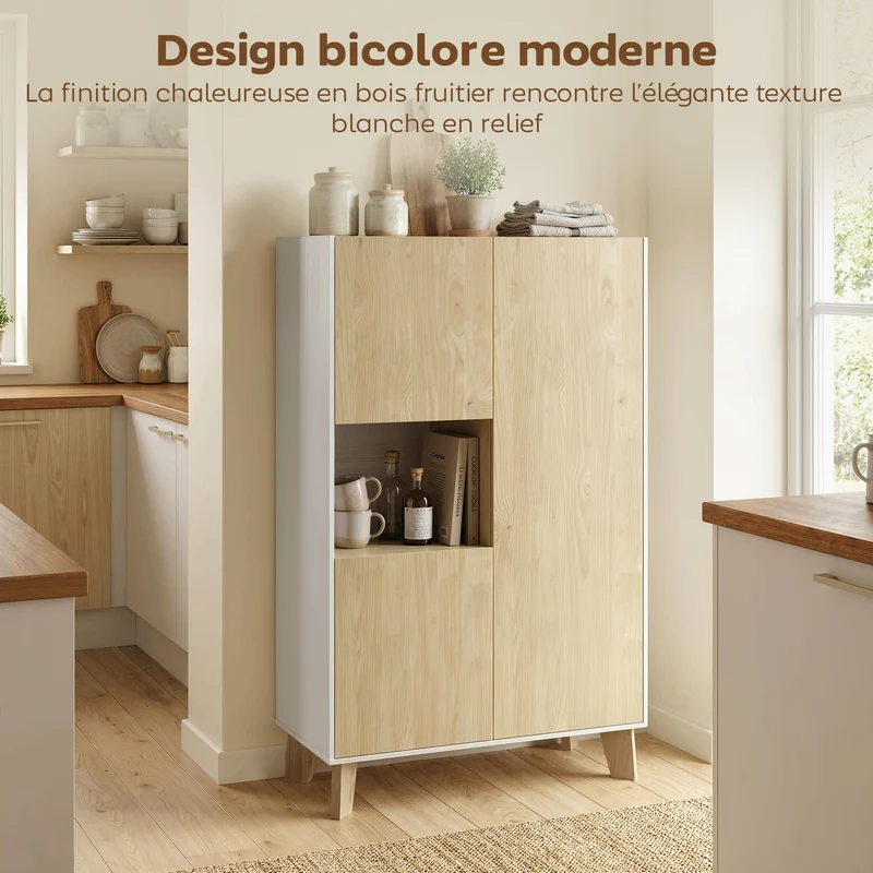 Buffet salon 80 x 40 x 135 cm 6 compartiments fermeture douce polyvalent entrée utile style moderne épuré en MDF blanc 21_0003660