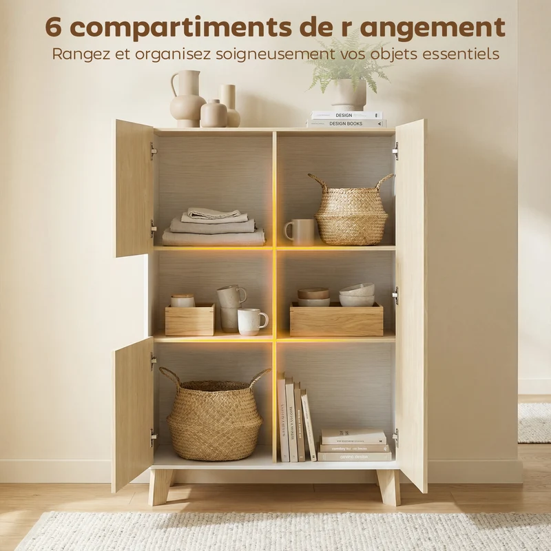 Buffet salon 80 x 40 x 135 cm 6 compartiments fermeture douce polyvalent entrée utile style moderne épuré en MDF blanc 21_0003660