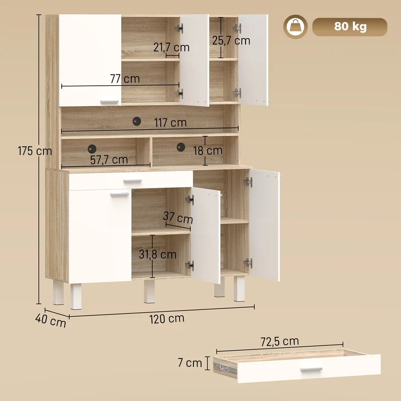 Buffet haut de cuisine 120 x 40 x 175 cm 6 portes tiroir rangement optimisé contemporain en panneaux de particules blanc 21_0003407