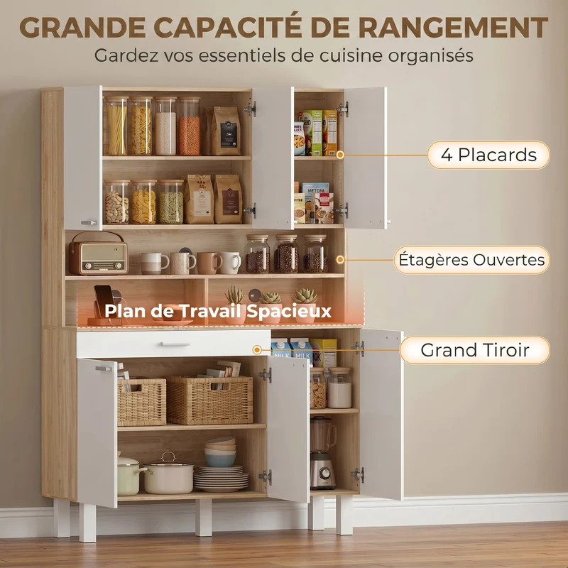 Buffet haut de cuisine 120 x 40 x 175 cm 6 portes tiroir rangement optimisé contemporain en panneaux de particules blanc 21_0003407
