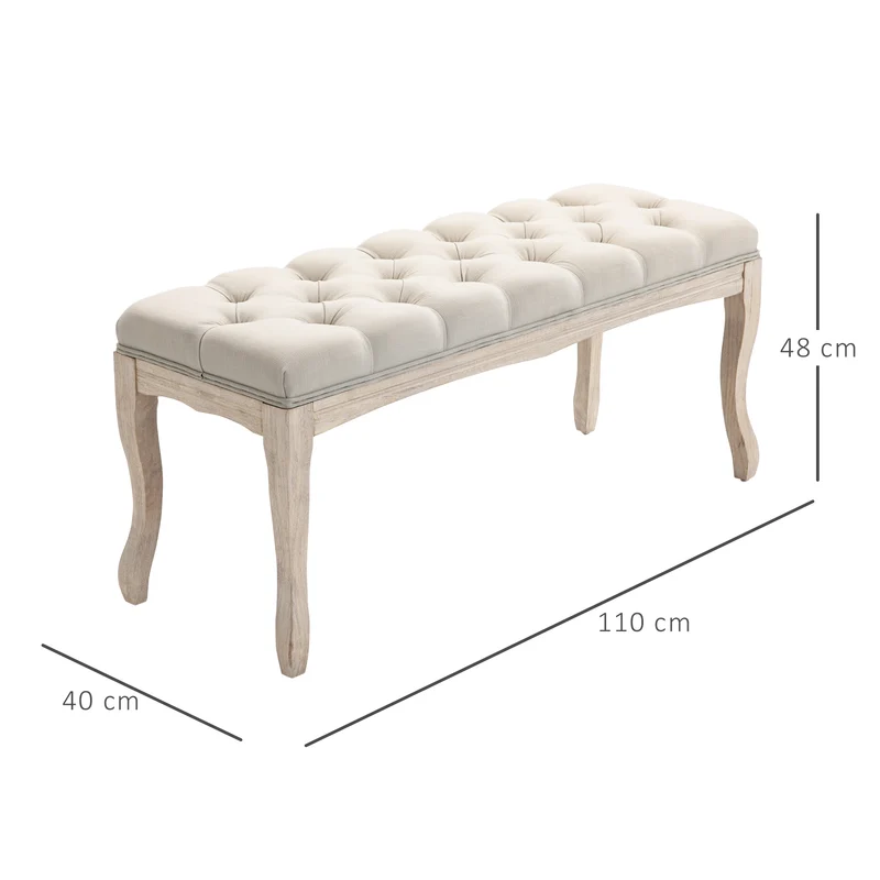 Banquette capitonnée bout de lit 110 x 40 x 48 cm rembourrée mousse haute densité confortable classique en lin beige 21_0002633