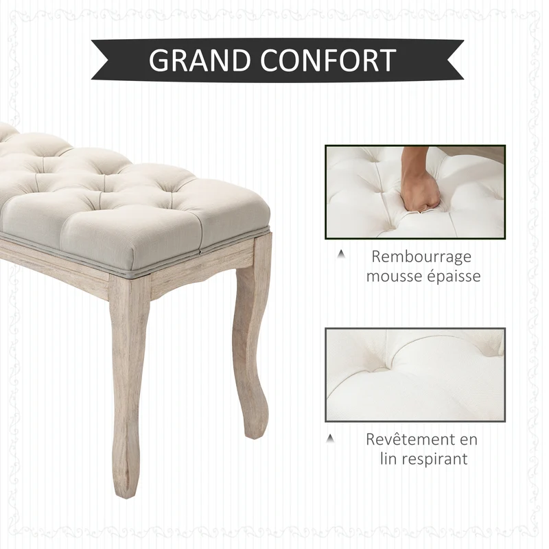 Banquette capitonnée bout de lit 110 x 40 x 48 cm rembourrée mousse haute densité confortable classique en lin beige 21_0002633