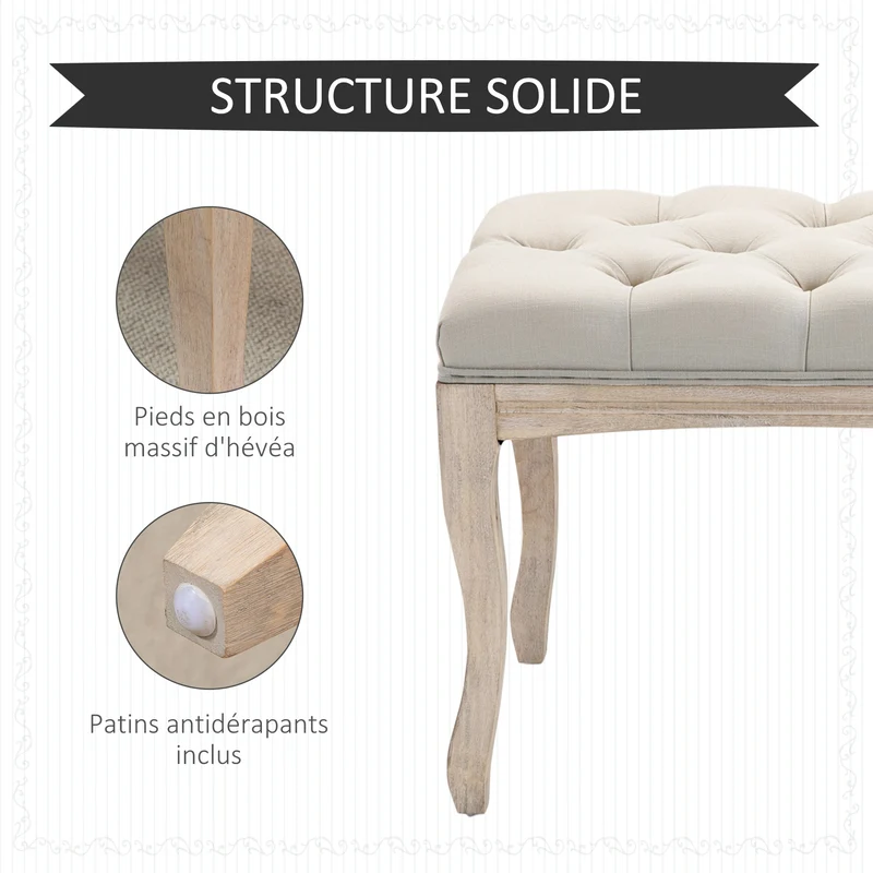Banquette capitonnée bout de lit 110 x 40 x 48 cm rembourrée mousse haute densité confortable classique en lin beige 21_0002633