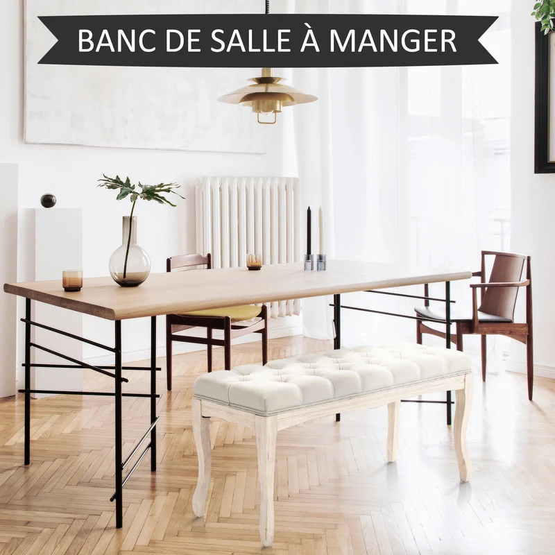 Banquette capitonnée bout de lit 110 x 40 x 48 cm rembourrée mousse haute densité confortable classique en lin beige 21_0002633
