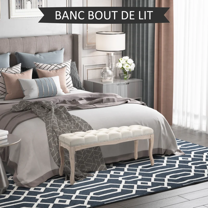 Banquette capitonnée bout de lit 110 x 40 x 48 cm rembourrée mousse haute densité confortable classique en lin beige 21_0002633