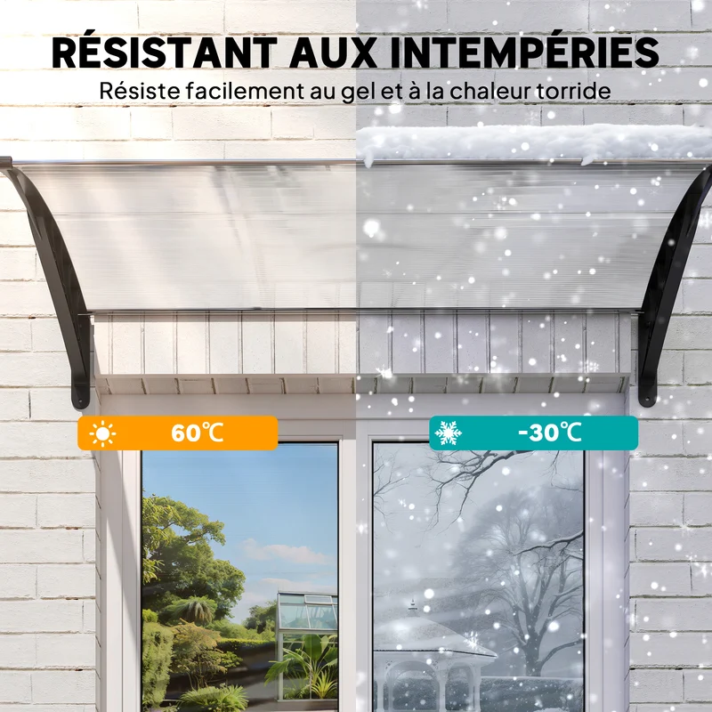 Auvent porte d'entrée incurvé 150 x 90 x 25 cm protège pluie neige uv montage facile moderne en polycarbonate transparent 21_0007102