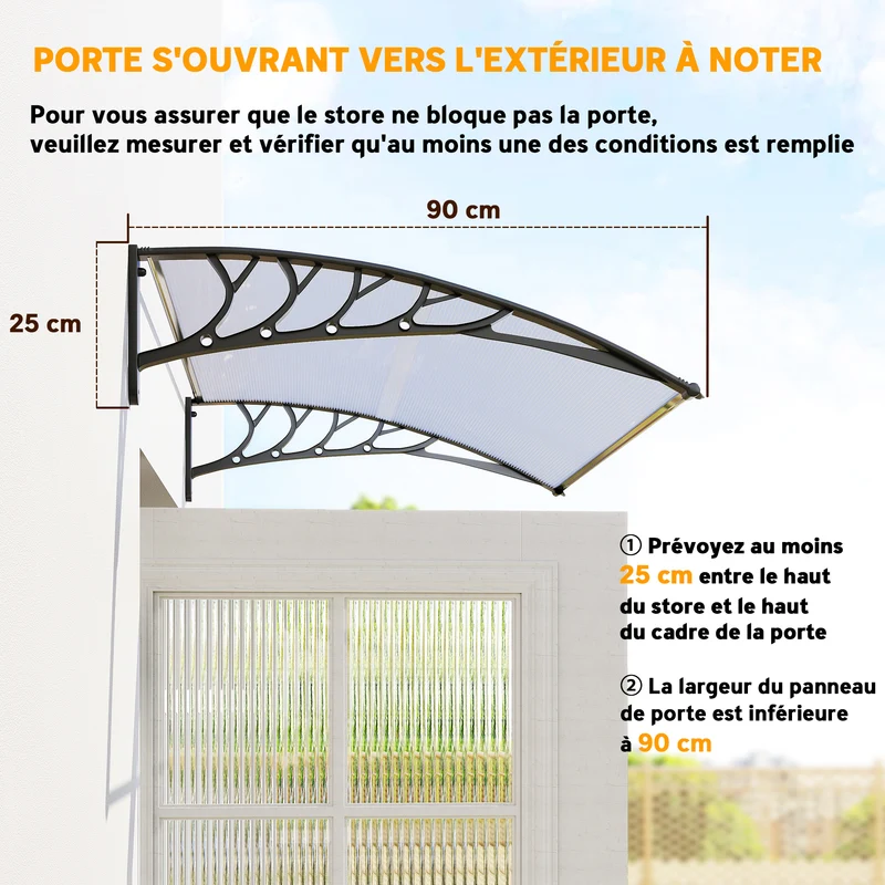 Auvent porte d'entrée incurvé 150 x 90 x 25 cm protège pluie neige uv montage facile moderne en polycarbonate transparent 21_0007102