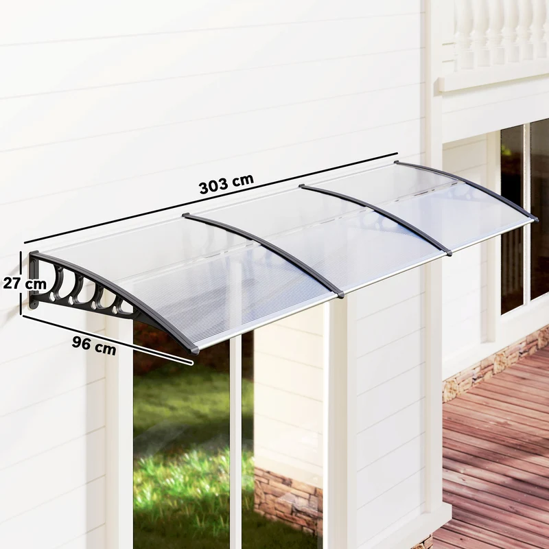 Auvent de porte incurvé 303 x 96 x 27 cm protection pluie uv neige design montage mural en polycarbonate transparent 21_0007106