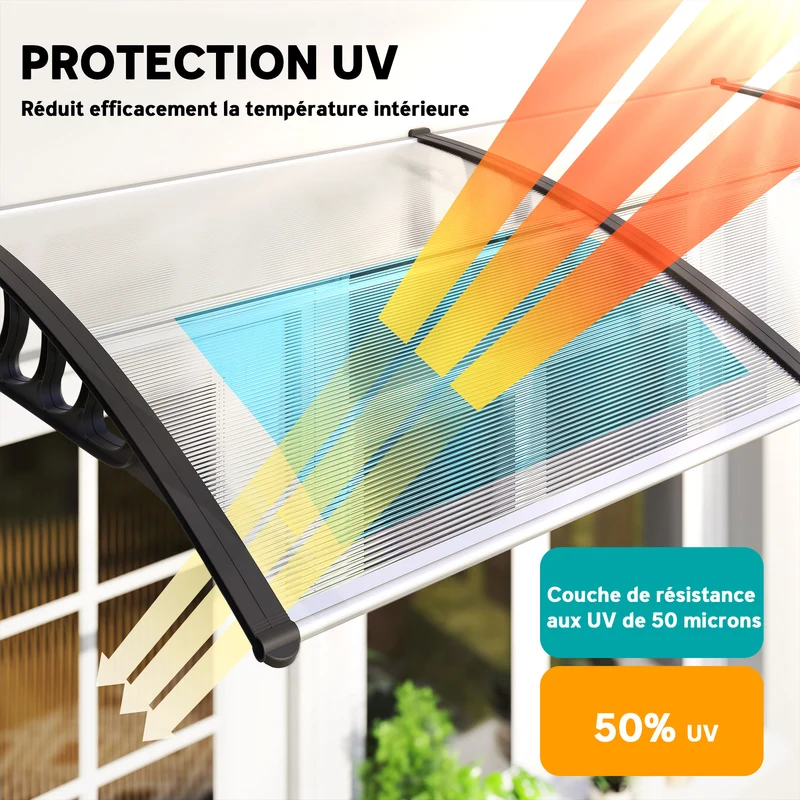 Auvent de porte incurvé 303 x 96 x 27 cm protection pluie uv neige design montage mural en polycarbonate transparent 21_0007106