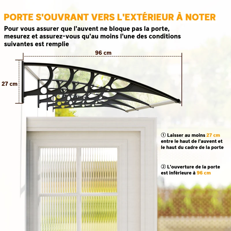 Auvent de porte incurvé 303 x 96 x 27 cm protection pluie uv neige design montage mural en polycarbonate transparent 21_0007106