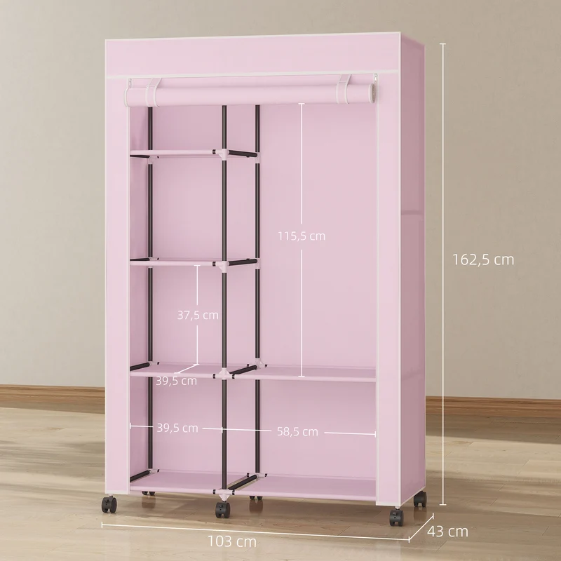Armoire penderie gain de place sur roues 103 x 43 x 162,5 cm anti-poussière rangement épuré avec tringle en tissu rose 21_0005827