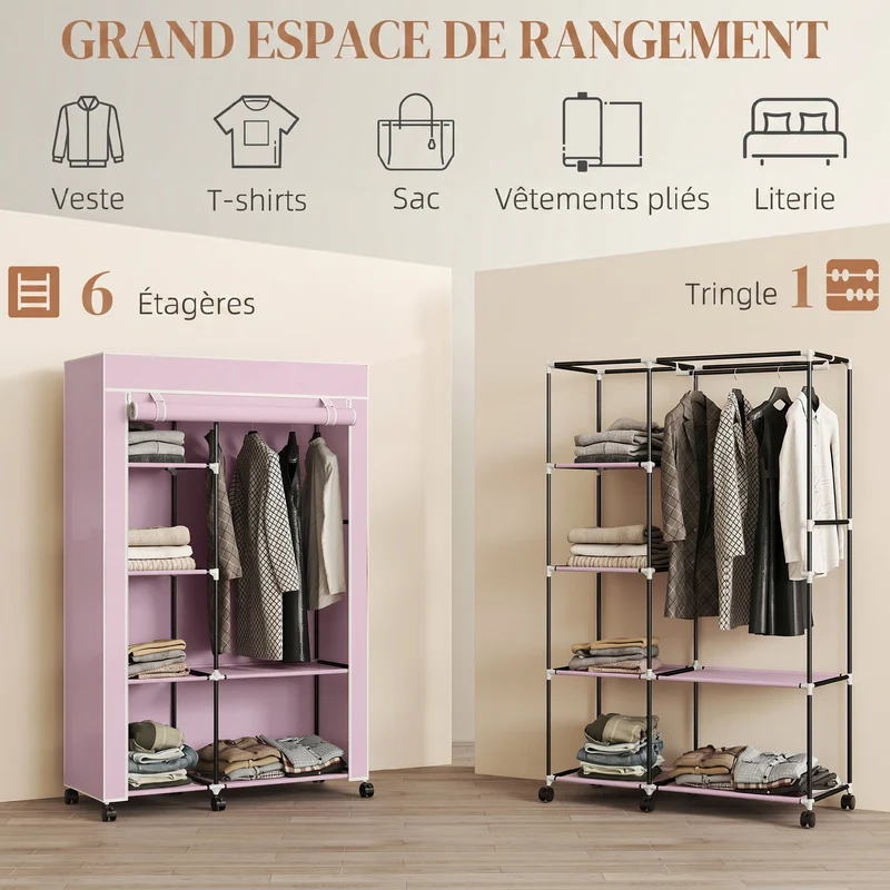Armoire penderie gain de place sur roues 103 x 43 x 162,5 cm anti-poussière rangement épuré avec tringle en tissu rose 21_0005827