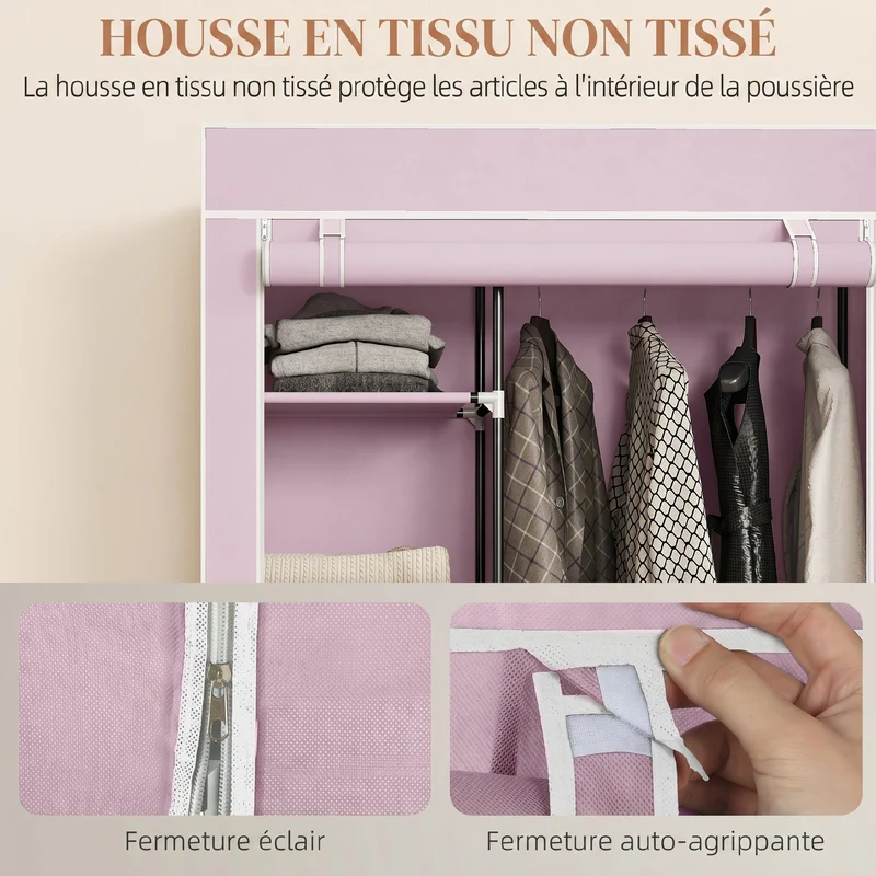 Armoire penderie gain de place sur roues 103 x 43 x 162,5 cm anti-poussière rangement épuré avec tringle en tissu rose 21_0005827