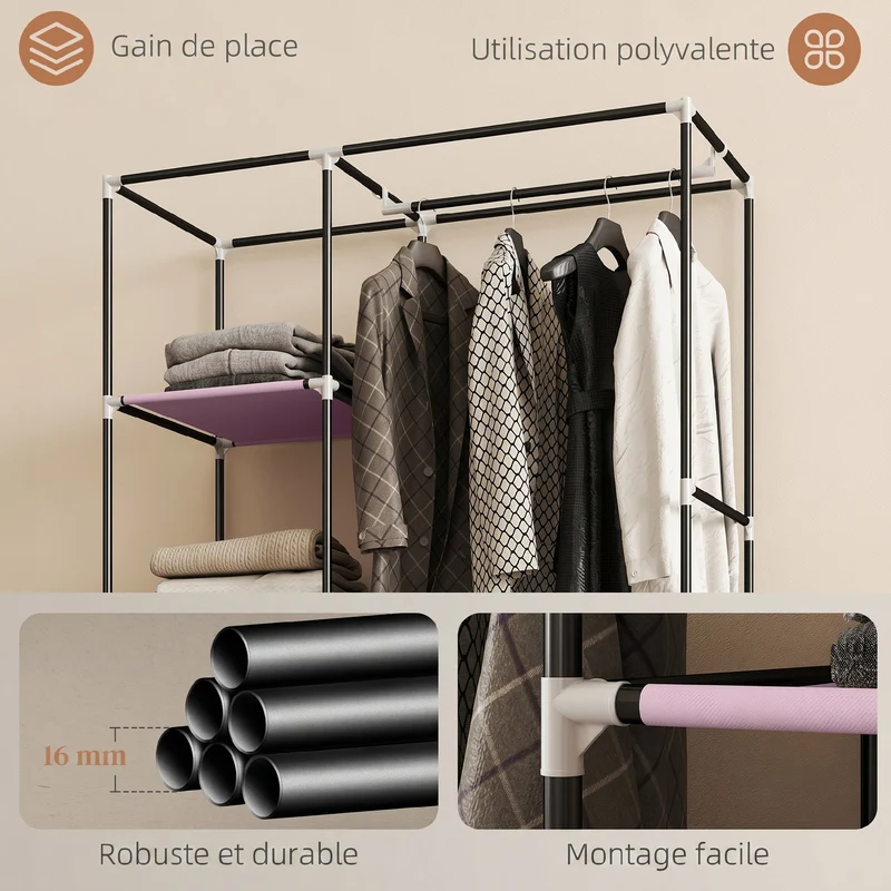 Armoire penderie gain de place sur roues 103 x 43 x 162,5 cm anti-poussière rangement épuré avec tringle en tissu rose 21_0005827