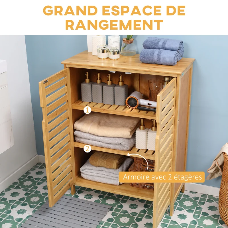 Armoire de salle de bain compacte utile 68 x 32 x 86 cm gain de place rangement ventilé moderne épuré en bambou naturel 21_0001930