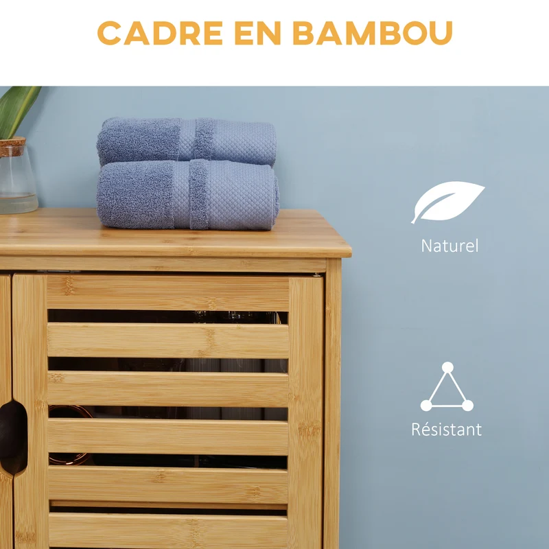 Armoire de salle de bain compacte utile 68 x 32 x 86 cm gain de place rangement ventilé moderne épuré en bambou naturel 21_0001930