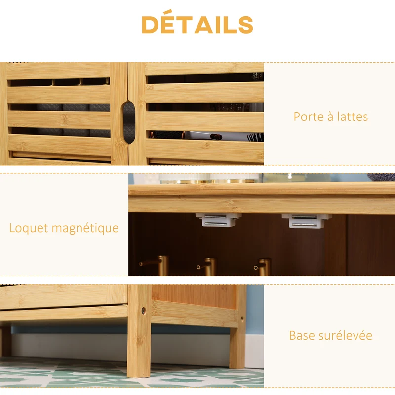 Armoire de salle de bain compacte utile 68 x 32 x 86 cm gain de place rangement ventilé moderne épuré en bambou naturel 21_0001930