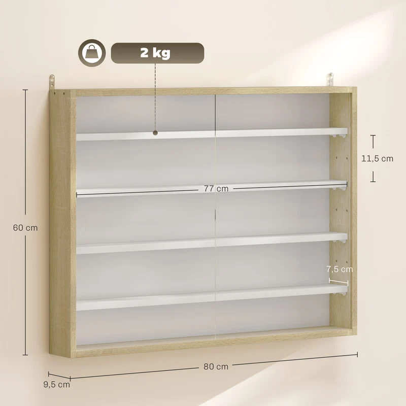 Vitrine murale pour collection 80 x 9,5 x 60 cm 4 étagères réglables anti-poussière épuré en panneau de particules chêne 21_0001780