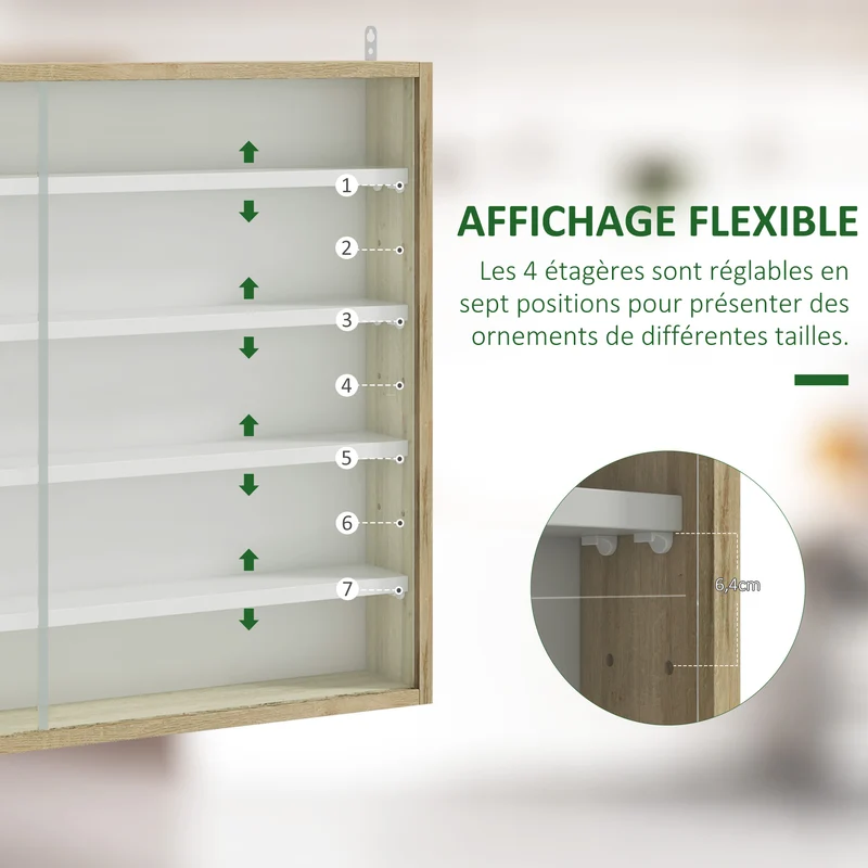 Vitrine murale pour collection 80 x 9,5 x 60 cm 4 étagères réglables anti-poussière épuré en panneau de particules chêne 21_0001780