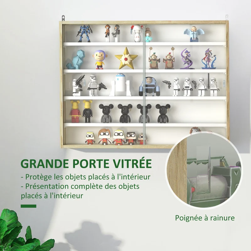 Vitrine murale pour collection 80 x 9,5 x 60 cm 4 étagères réglables anti-poussière épuré en panneau de particules chêne 21_0001780