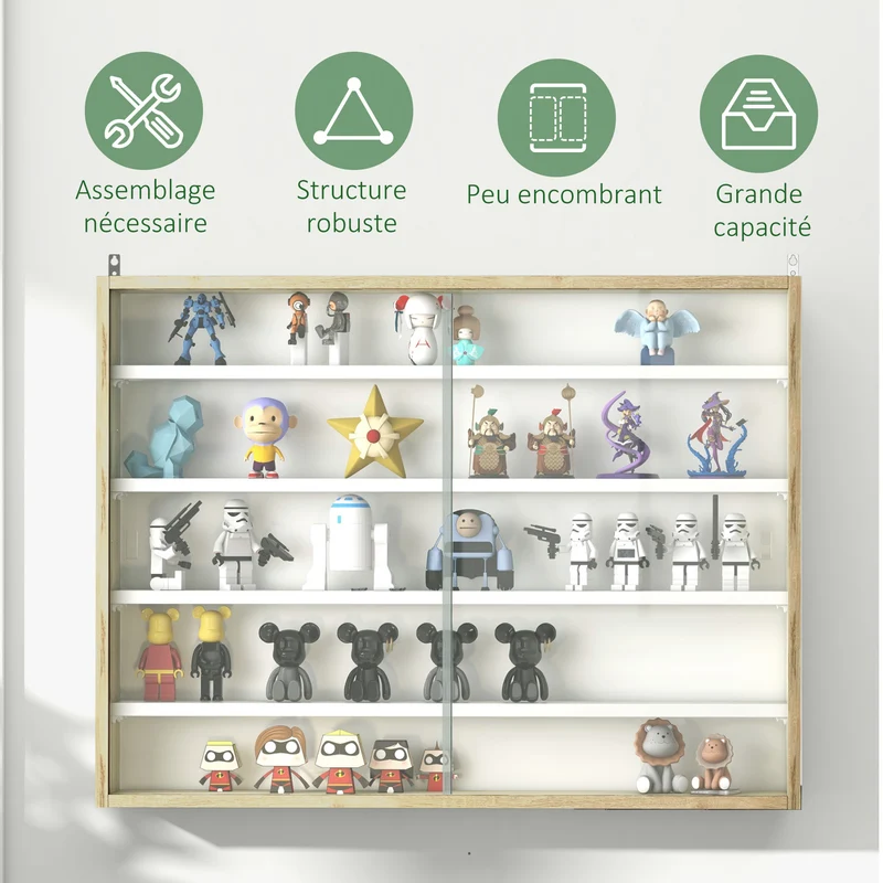 Vitrine murale pour collection 80 x 9,5 x 60 cm 4 étagères réglables anti-poussière épuré en panneau de particules chêne 21_0001780