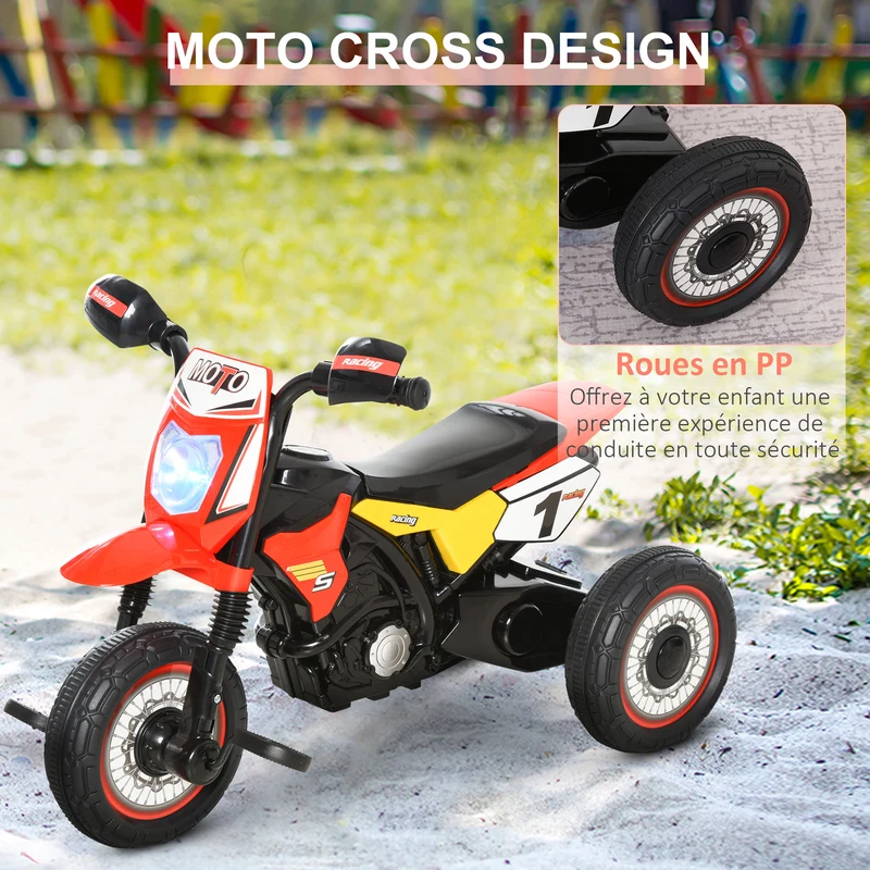 Tricycle moto cross évolutif enfant 71 x 40 x 51 cm musique et lumières coffre de rangement décoratif stable en PP rouge 21_0000453